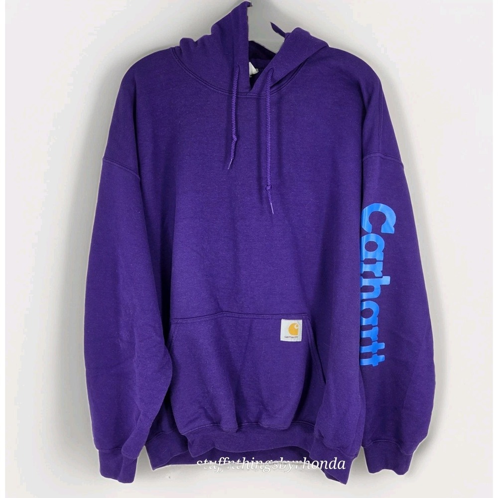 Carhartt Hoodie Mens Purple Loose Fit Sleeve Logo Pullover Fleece Sweatshirt XL